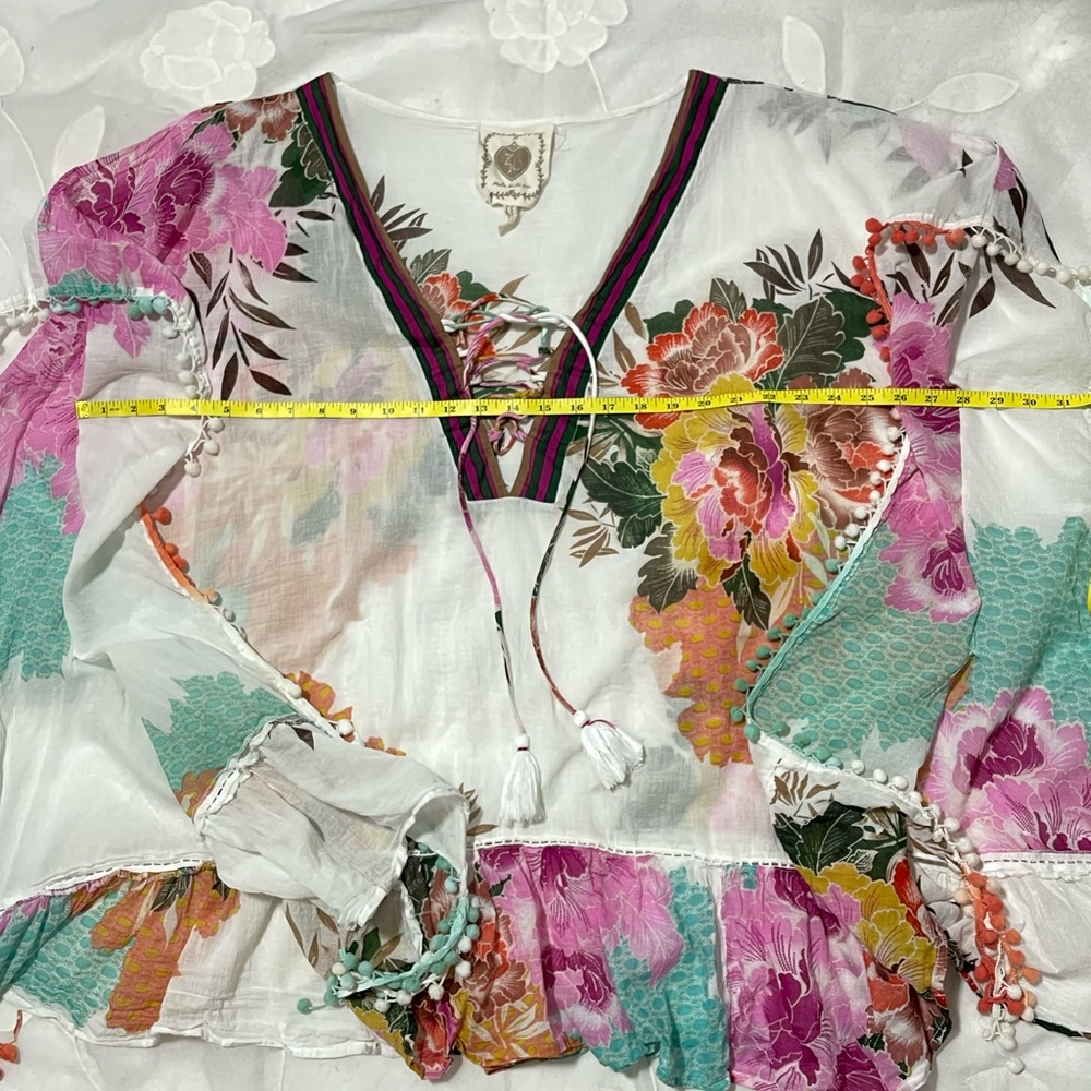 Z&L Floral Lace-Up Pom Pom Swim Caftan Coverup - White with Pink & Mint - Picture 11 of 14